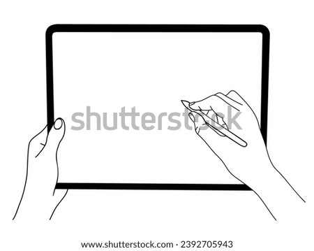 Hands draw on tablet with blank screen and pen.