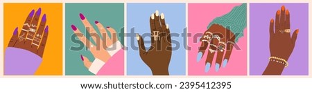 Multiracial women hands with gold, silver jewelry.