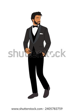 Business man character in formal tuxedo outfit.