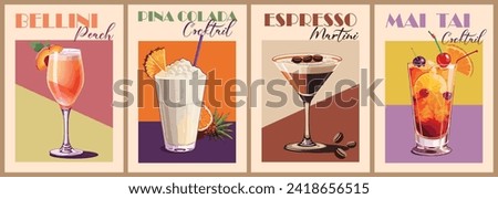 Cocktails retro poster vintage vector art set.