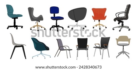 Set of different office chairs front, side, back view. Wheelchair, manager chair, armchair. Colorful vector illustrations, furniture interior design elements isolated on white. Not AI generated.