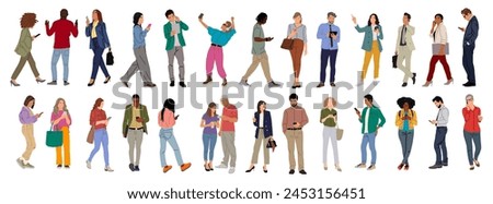 Set of different people using gadgets. Business men and women holding smartphones and tablet, texting, talking, watching news. Group of male, female cartoon characters Vector realistic illustrations.