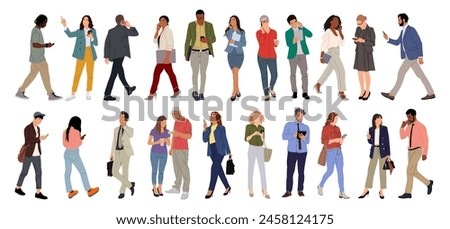 Set of different people using gadgets. Business men and women holding smartphones and tablet, texting, talking, watching news. Group of male, female cartoon characters Vector realistic illustrations.