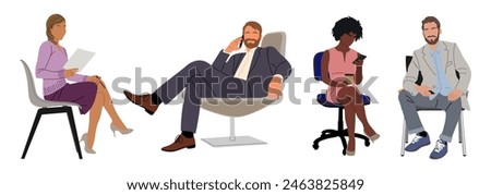 Business people sitting, taking part in meeting, event. Set of Different female, male characters in modern business outfit with phone. Collection of vector illustrations isolated on white background.