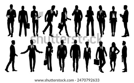 Silhouettes of diverse business people in different poses standing, walking, men, women full length, holding laptop, tablet, phone, briefcase rear, side. Vector isolated on white background.