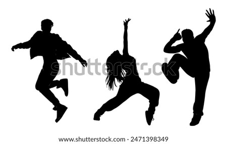 Dancing people black silhouettes. Teenagers, Young girl and boy dancing street dance, hip hop at party or night club. Outline vector drawing isolated on white background.