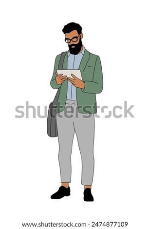 Business man working at digital tablet. Handsome bearded man wearing smart casual office outfit standing with gadget. Vector outline illustration isolated on white background.