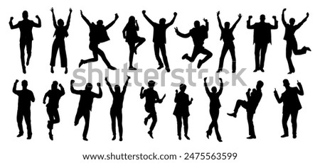 Silhouettes of business people celebrating win, goal achievement. Business team with hands up on transparent background. Concept of victory and success. Vector black outline illustration.