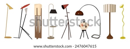 Mid Century Modern Floor lamps set. Different interior light decor standing. Flat vector illustrations, interior design elements isolated on white background. Hand made, not AI generated	