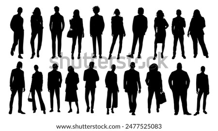 Silhouettes of diverse casual business people standing, walking, men, women full length. Business concept. Black monochrome  Vector illustrations isolated on white background.