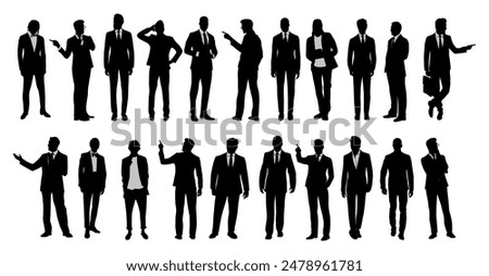 Silhouettes of diverse business people standing, walking, businessmen full length, pointing, front, side, back view. Black monochrome Vector illustrations, icons isolated on white background.