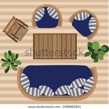 Patio, Lounge terrace, backyard garden with plants and outdoor furniture top view. Modern eco-style interior decorated with greenery, sofa, chairs, table and wooden floor. Flat vector illustration.