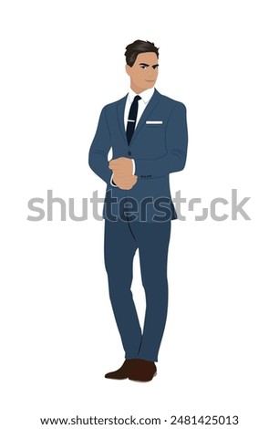 Elegant businessman wearing formal blue suit, black tie for evening celebration, event, Christmas, New Year, wedding, anniversary. Handsome young male character isolated on twhite background