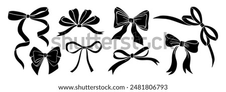 Black Monochrome decorative ribbon bows set. Holiday sign collection. Ribbon symbol, accessory logo, cut files. Vector outline illustrations isolated on white background.