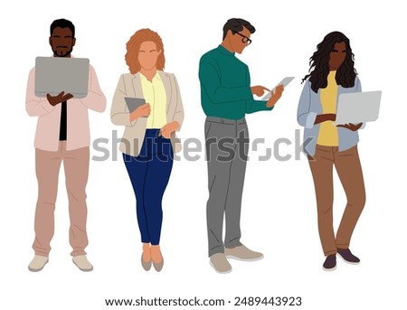 Bundle of Business people working at laptop, tablet. Different men, women wearing smart casual office outfits standing with computer. Vector realistic illustrations isolated on white background.