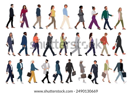 Bundle of Various business people walking side view. Modern men and women different ethnicities, ages, body types in smart casual and formal office outfits with phone, briefcase, bags. Vector isolated