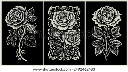 Set of decorative fresh blossoming roses with steam and leaves white on black background. Hand drawn outline flower ornaments. Engraving style Vector monochrome illustration.