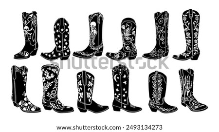 Silhouettes of Cowgirl boots black and white monochrome graphic. Cowboy boots stylized hand drawn vector illustration with star, rose ornament isolated on white background. Wild West concept.