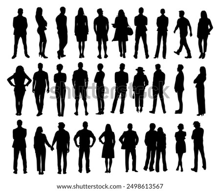 Silhouettes of different People Standing and walking Rear View. Male and Female, couple Characters Back View vector monochrome illustrations, icons Isolated on transparent Background.