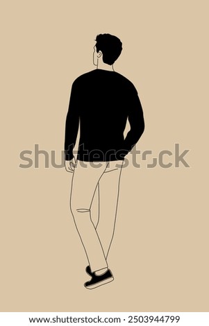 Yong man walking rear view. Business man in smart casual clothes turned back hand drawn vector sketch illustration isolated on neutral beige background.