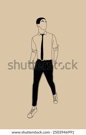 Yong man walking front view. Business man in smart casual clothes hand drawn vector sketch illustration isolated on neutral beige background.