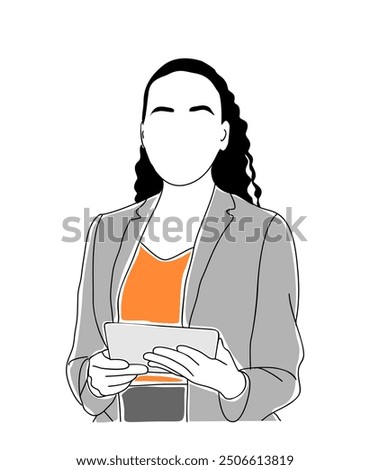 Young business woman in suit  standing with digital tablet, working with gadget. Vector simple outline hand drawn illustration isolated on white background.