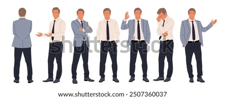 Businessman character in different poses. Handsome business man in formal suit standing front, back, rear, side view, pointing, thinking. Vector realistic illustrations isolated on white background