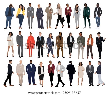 Modern business people bundle. Vector realistic illustrations of diverse multinational standing cartoon men and women in smart casual, formal outfits. Isolated on white background. 