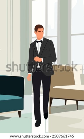 Elegant businessman wearing formal tuxedo standing in modern luxury hall, lounge zone with big windows and comfortable furniture. Hand drawn vector realistic illustration.