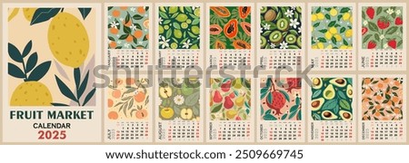 Fruit calendar template for 2025 . Vertical design with fruit Market trendy prints. Vector illustration page template A3, A2 for printable wall monthly calendar. Week starts on Sunday.