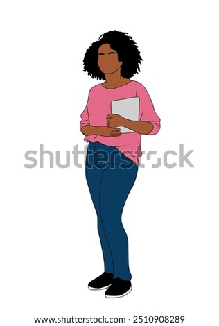 Black business woman wearing casual attire standing with digital tablet. Pretty african american girl in office outfit. Cartoon female character Vector illustration isolated on white background.