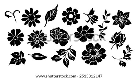 Set of flower and leaves silhouettes. Hand drawn floral design elements, icons, shapes. Wild and garden flowers, leaves black and white outline illustrations isolated on white background.