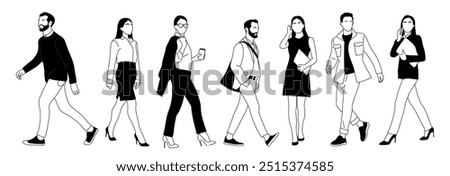 Set of different people walking line art drawing. Group of business men, women in formal suit, smart casual attire with phone, coffee cup outline vector drawings isolated on white background.