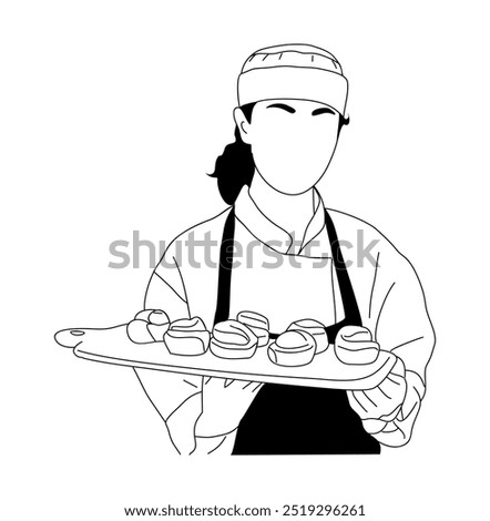 Young woman baker in uniform and apron drawing