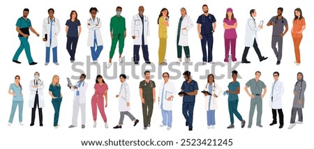 Big set of standing, walking doctors, nurses