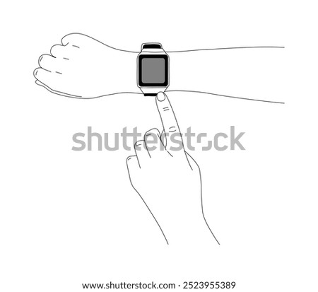 Hands wearing smart watch on wrist outline drawing