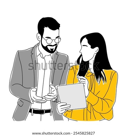 Business man and woman talking, discussing, working with digital tablet. Vector sketch style outline drawing isolated on white background.