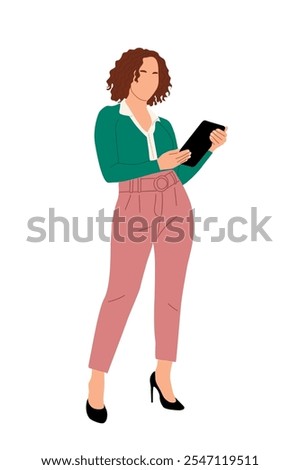 Businesswoman in casual attire standing with digital tablet. Pretty young woman working with gadget. Vector illustration isolated on white background.	