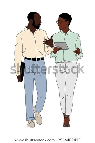 Business couple, man and woman walking with tablet and folder, talking, discussing. Flat outline vector illustration isolated on white background