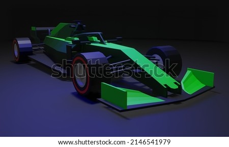 Green F1 car in the dark room with blue lighting. F1 car 3D Illustration. ストックフォト © 