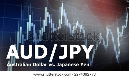 AUDJPY Currency pair in the forex market. Australian Dollar versus Japanese Yen. Market graph of heikin-ashi Bollinger bands concept. Defocused trading screen background.