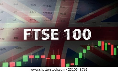 FTSE 100 index, 100 companies listed on the London Stock Exchange. Trading screen concept. Price quotation, candlestick pattern, and overlay gradation of United Kingdom flag.