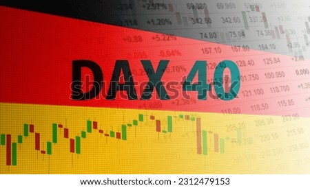 DAX 40. Index of 40 selected German blue chip stocks traded on the Frankfurt Stock Exchange. Candlestick pattern, price quotation, and flag of Germany.