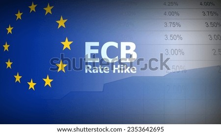 ECB Rate Hike. European flag, basis point quotation, and line area chart. The concept of monetary policy raises interest rates.