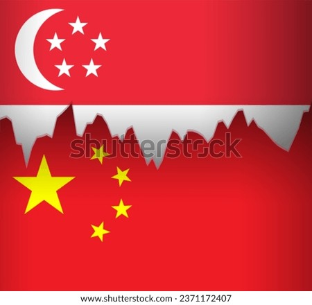 Singapore and China, flags depicted on the price line chart. Fluctuation graph with a sideways trend. Financial and Economic relations concept.