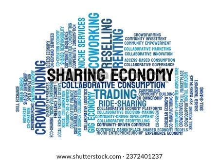 Sharing Economy Word Cloud. Cloud Shaped. Composition of words related to practical aspects of the sharing economy. Isolated on a white background.