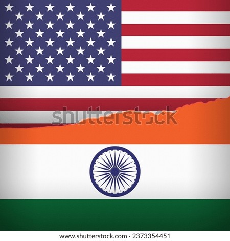 USA and Indian flags depicted with a price line chart. Fluctuation graph with a bullish trend. Burlap textured. Banking and trade relations concept.