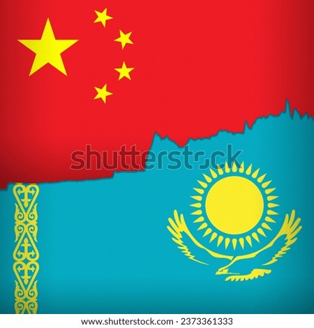 Chinese and Kazakh flags depicted with a price line chart. Fluctuation graph with a bullish trend. Burlap textured. Banking and trade relations concept.