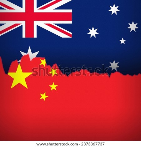 Australian and Chinese flags depicted with a price line chart. Fluctuation graph with a bullish trend. Burlap textured. Banking and trade relations concept.