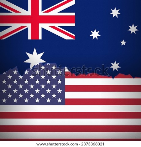 Australian and USA flags depicted with a price line chart. Fluctuation graph with a bullish trend. Burlap textured. Banking and trade relations concept.